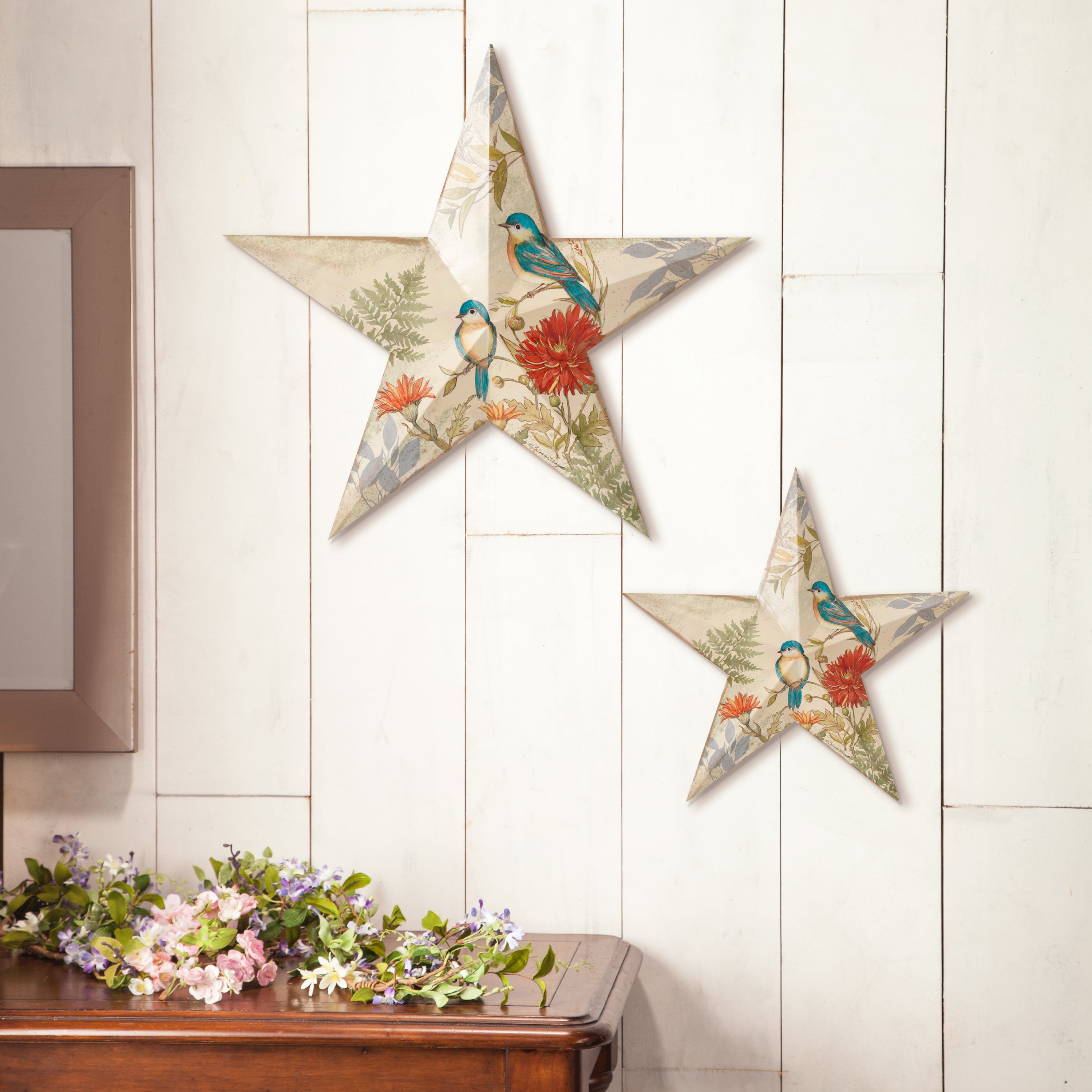 Set of 2 Metal Spring Bird Design Wall Hanging Star